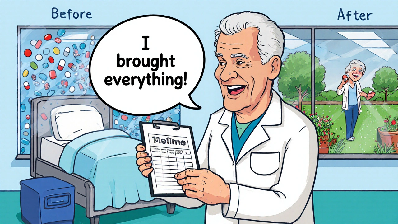 A senior giving a medication list to their doctor, with a visual comparison of safe vs. risky health outcomes.