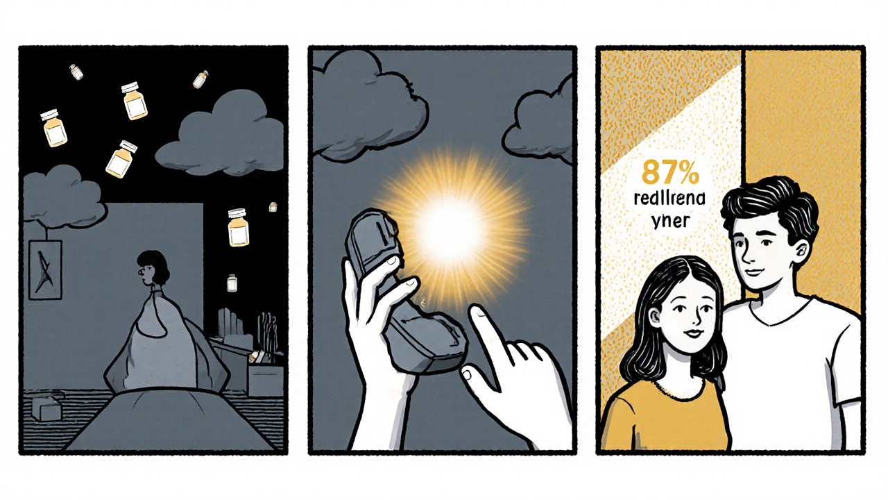 A three-panel recovery journey from isolation to support, showing improvement after stopping harmful medication.