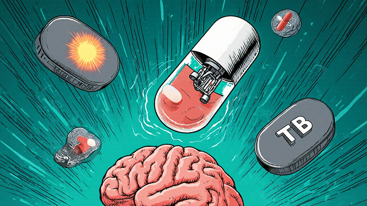 A transparent pill shows timed-release drugs activating at different times, targeting the brain and heart.