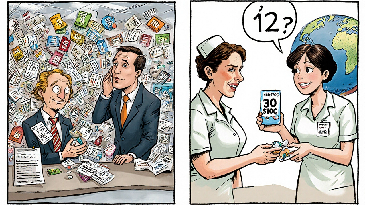 A U.S. pharmacy chaos contrasts with a calm European pharmacy where generics are easily available.
