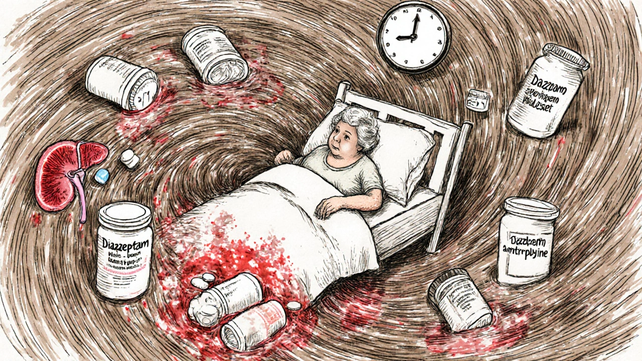 An elderly woman surrounded by many pill bottles, with her organs shown as clogged pipes and drugs pooling around her.