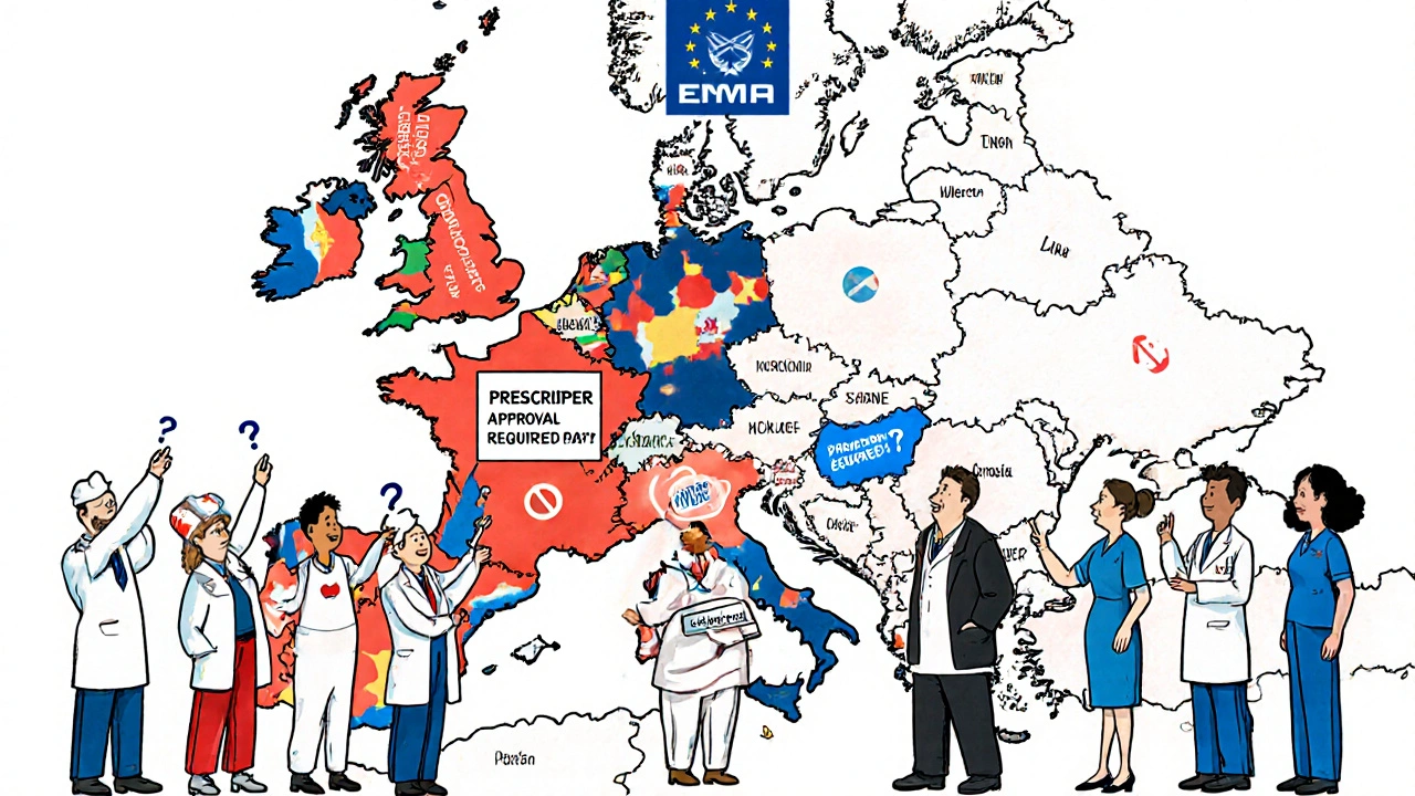 Cartoon pharmacists around a European map with conflicting rules for NTI generics, a confused patient holding a pill bottle.