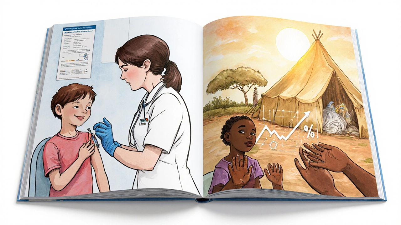 Child getting vaccine in U.S. and African village receiving low-cost shot, case decline graph