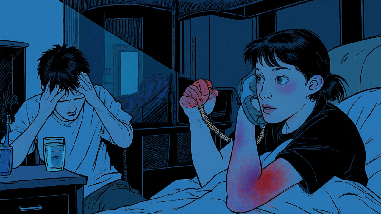 College student with headache and rash, roommate calling emergency in dorm room