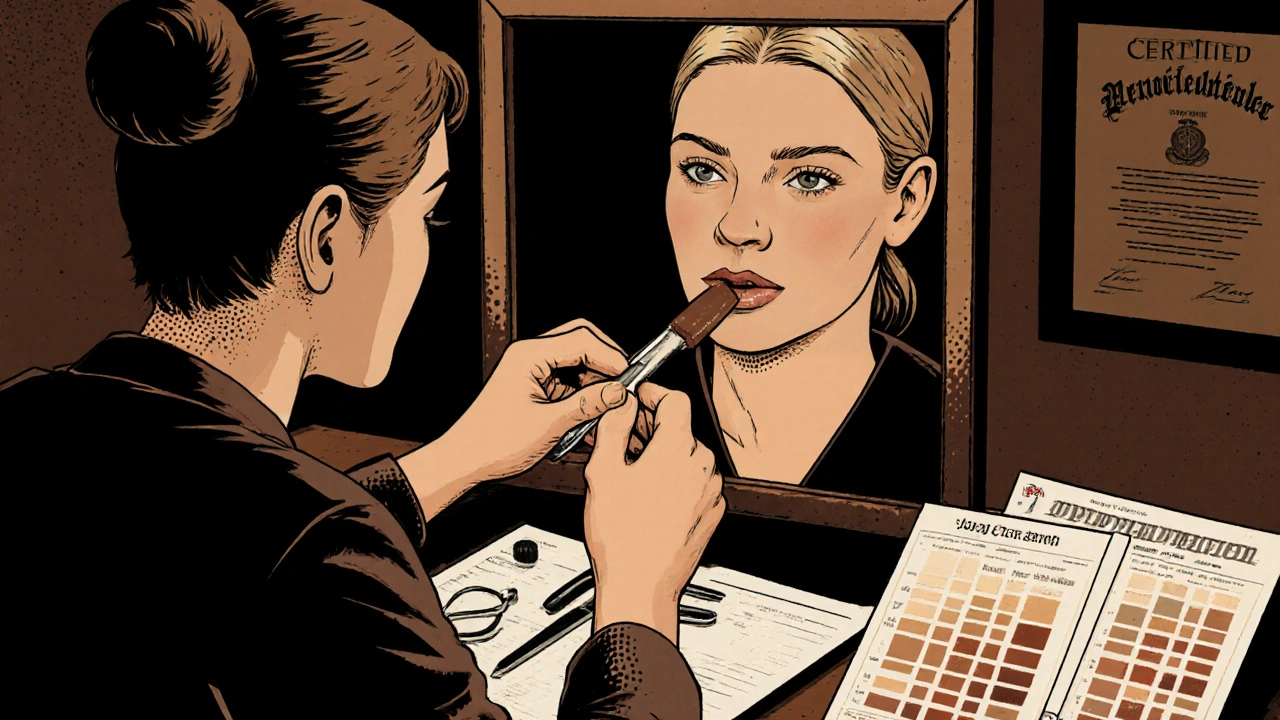 Consultant carefully blending micropigmentation on a patient&#039;s lip using a sponge in a clinical setting.