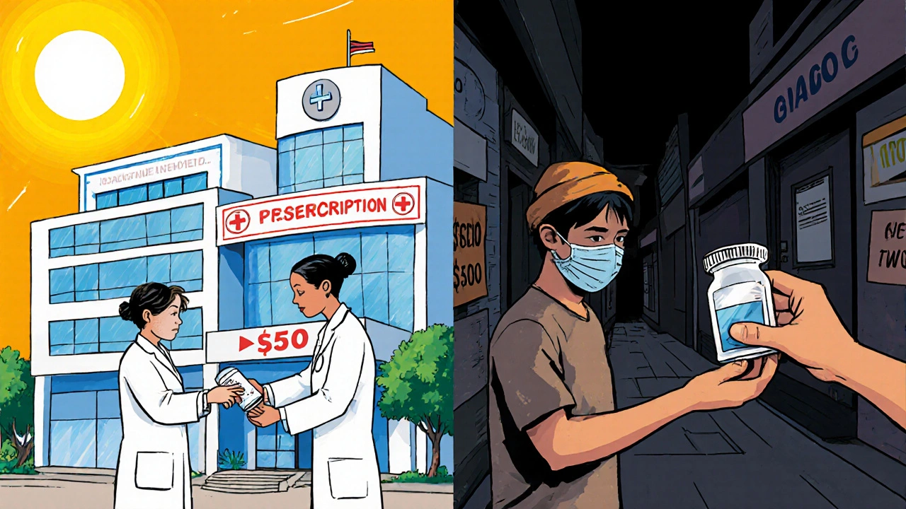 Contrasting scene: clean hospital giving safe meds vs. shady clinic handing out fake pills.
