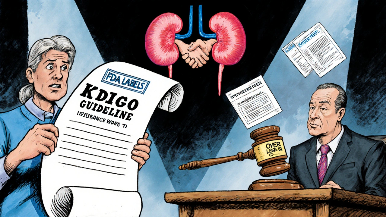 Courtroom scene with KDIGO guidelines overriding outdated FDA label, patient and doctor advocating for proper care.