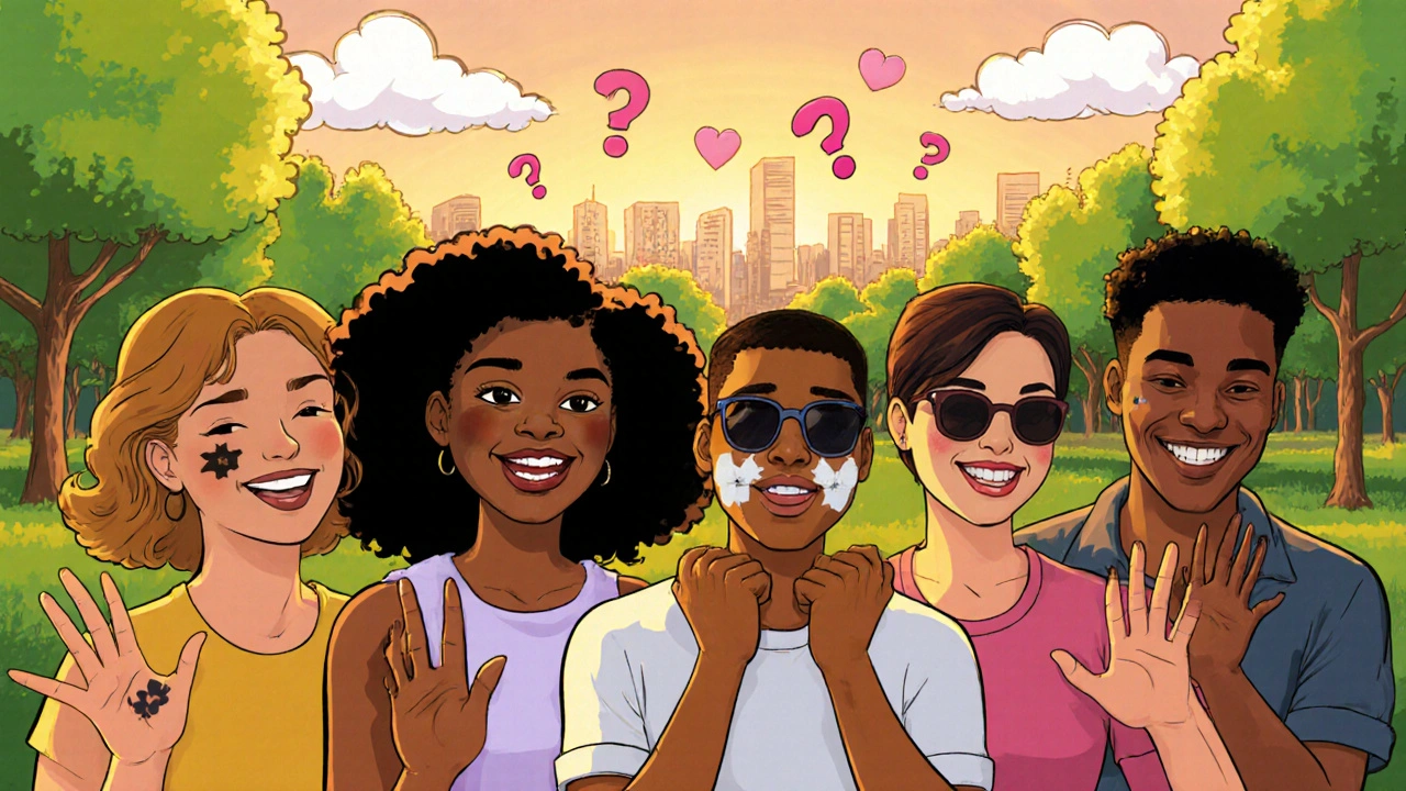 Diverse group of people smiling in a park, showing camouflaged vitiligo patches with natural skin tones.