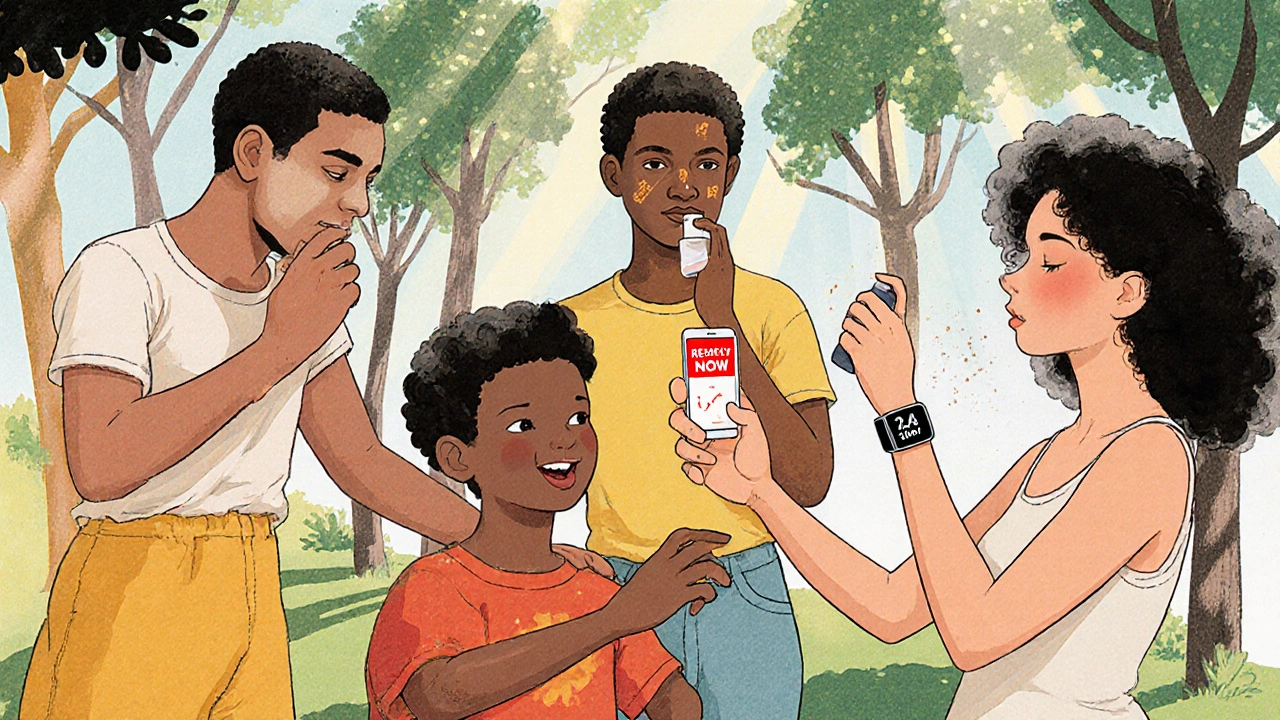 Diverse group reapplying sunscreen correctly in a park, with UV alert wearable glowing red and sunlight filtering through trees.