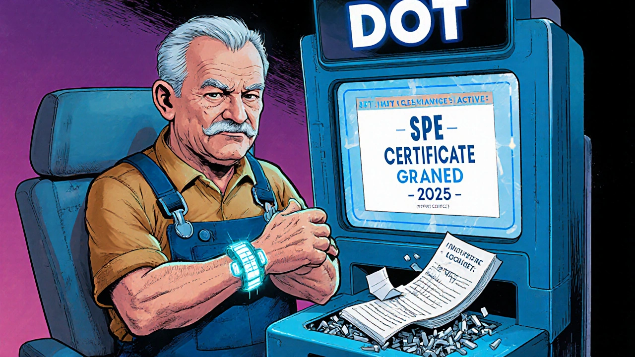Elderly driver with biometric wristband receiving safety clearance at a futuristic DOT kiosk.