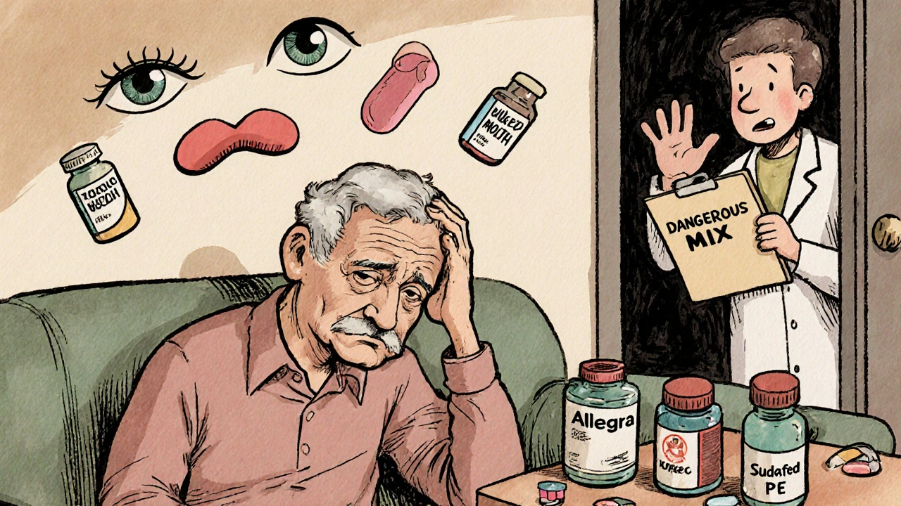 Elderly man looking dazed with floating symptoms above him and empty pill bottles on a table.