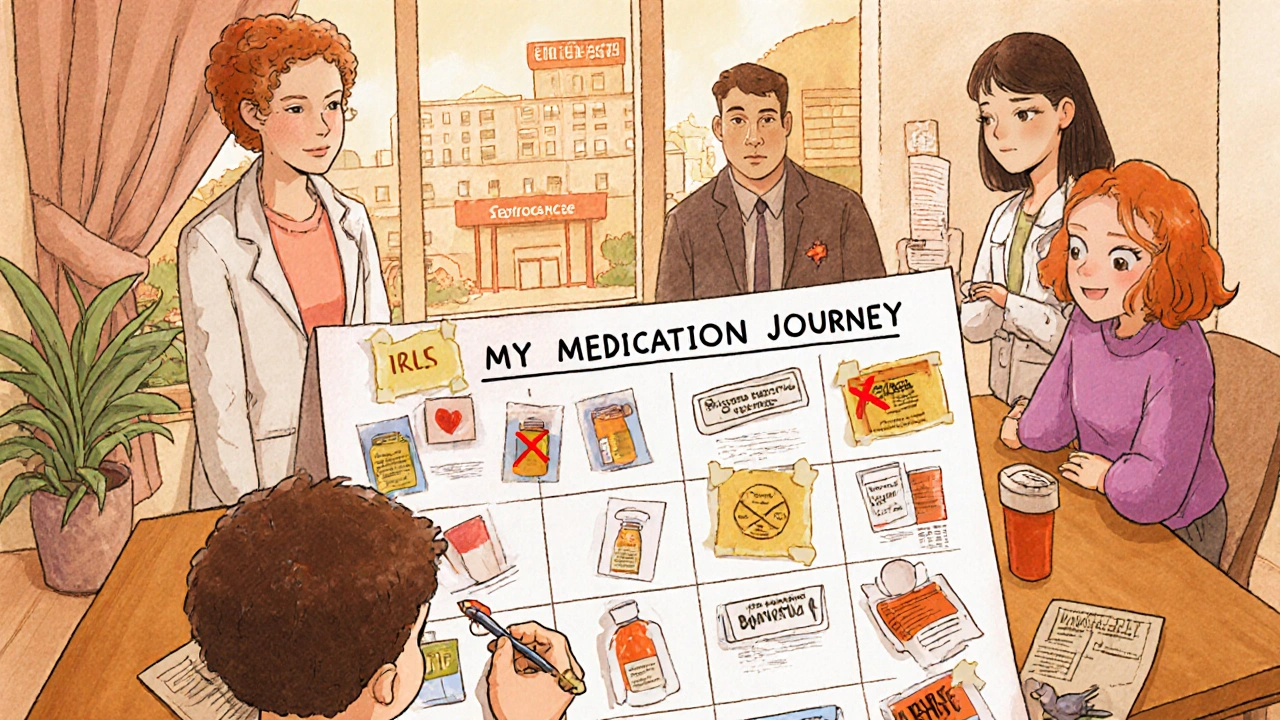 Family at table with medication chart, child crossing out generic label, doctors watching from window.