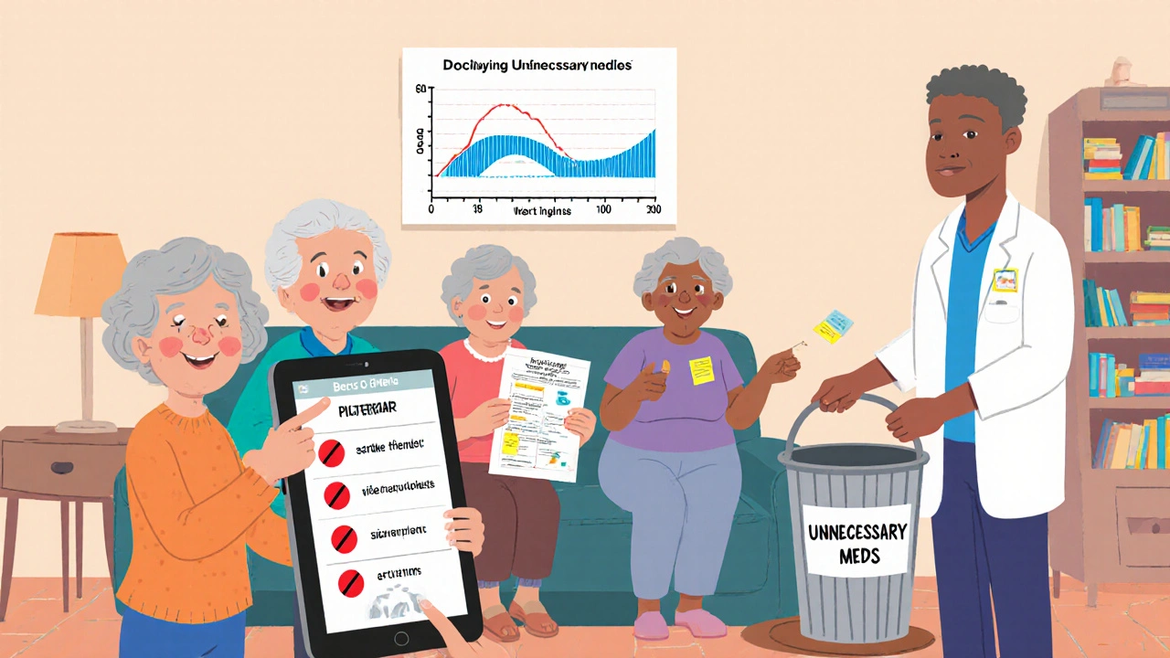 Group of seniors reviewing Beers Criteria app with pharmacist, holding side effect notes, trash can labeled &#039;Unnecessary Meds&#039; nearby.