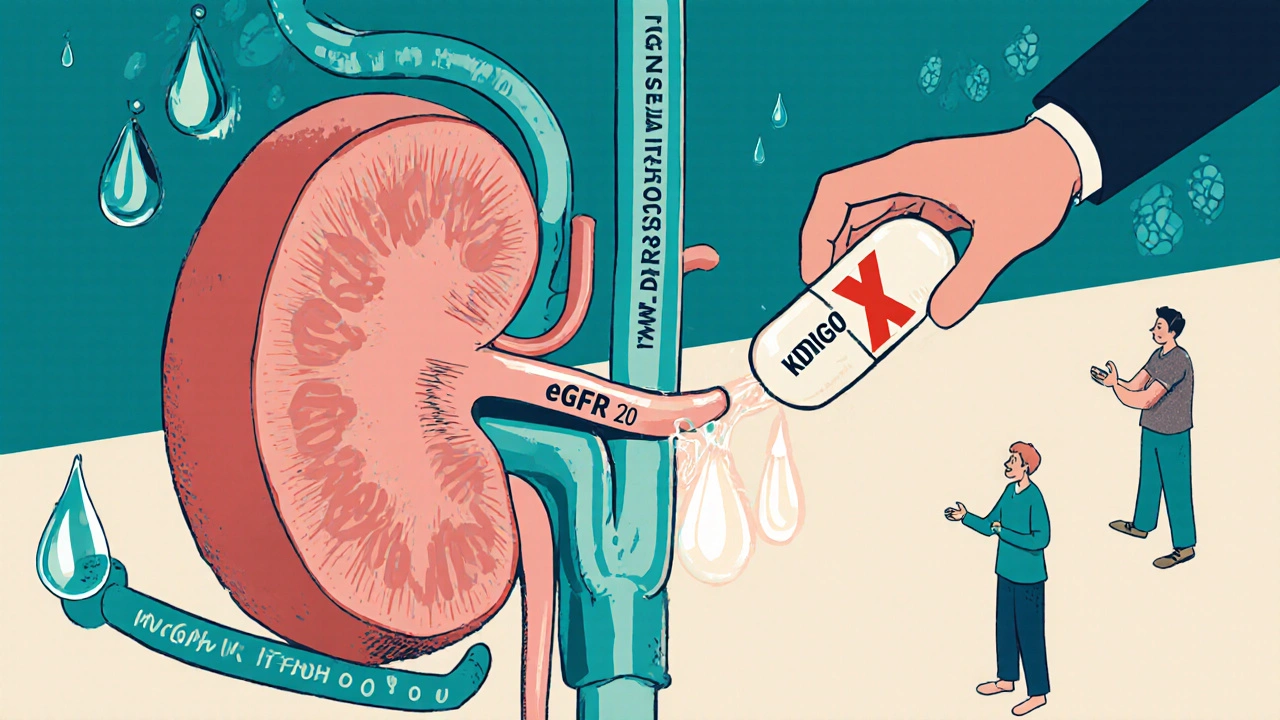 Kidney filter with SGLT2 inhibitor reducing pressure, metformin pill being removed, symbolizing safe dosing change.