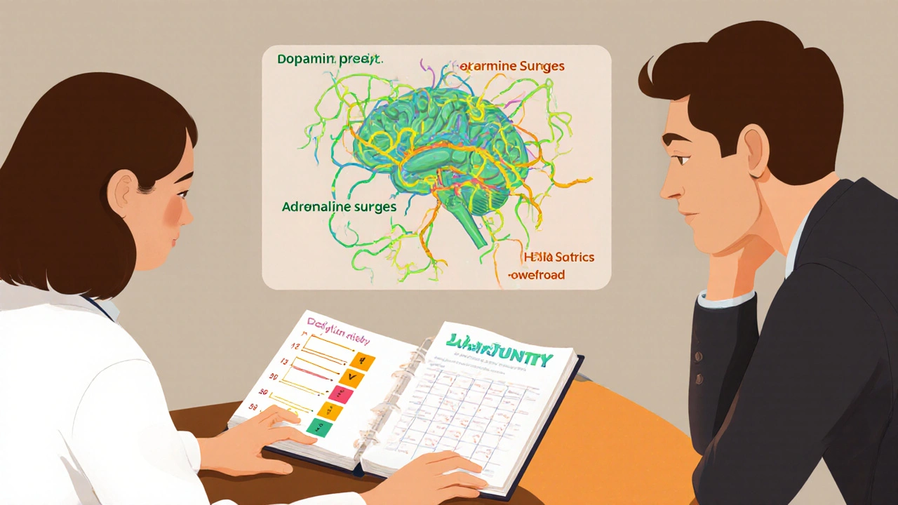 Patient and doctor reviewing a symptom journal, with glowing brain pathways showing how medications affect neurotransmitters.