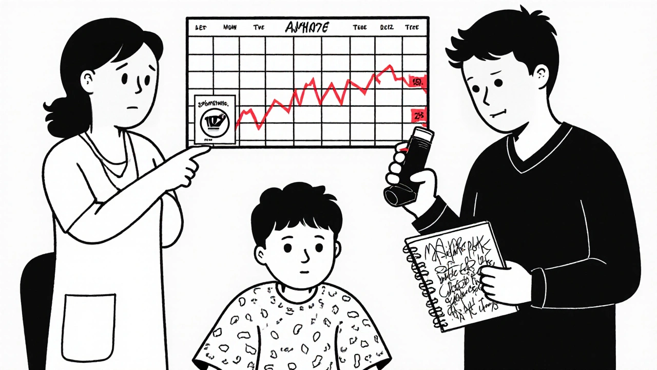Pediatrician showing blood test drop to worried parents, pharmacist handing new inhaler.
