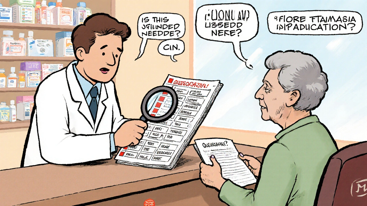 Pharmacist reviewing medication list with elderly patient, highlighting high-risk drugs using a magnifying glass.