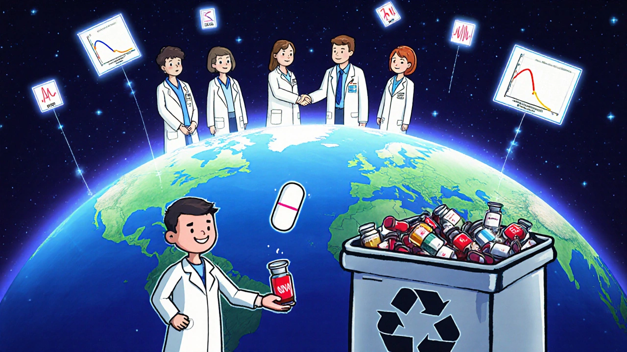 Regulators from global agencies shaking hands over a globe with safe generic pill dropping to a patient, rejected drugs in bin.