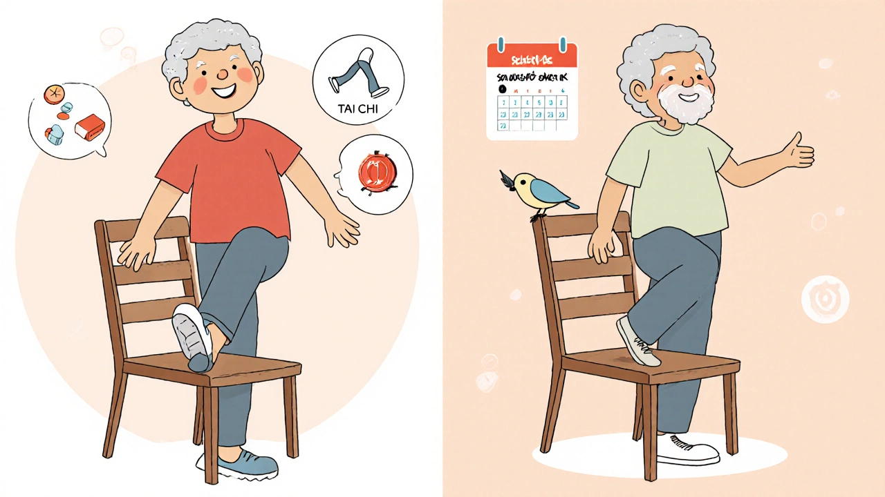 Senior doing balance exercise while holding a chair, with exercise icons and a no-fall calendar in background.