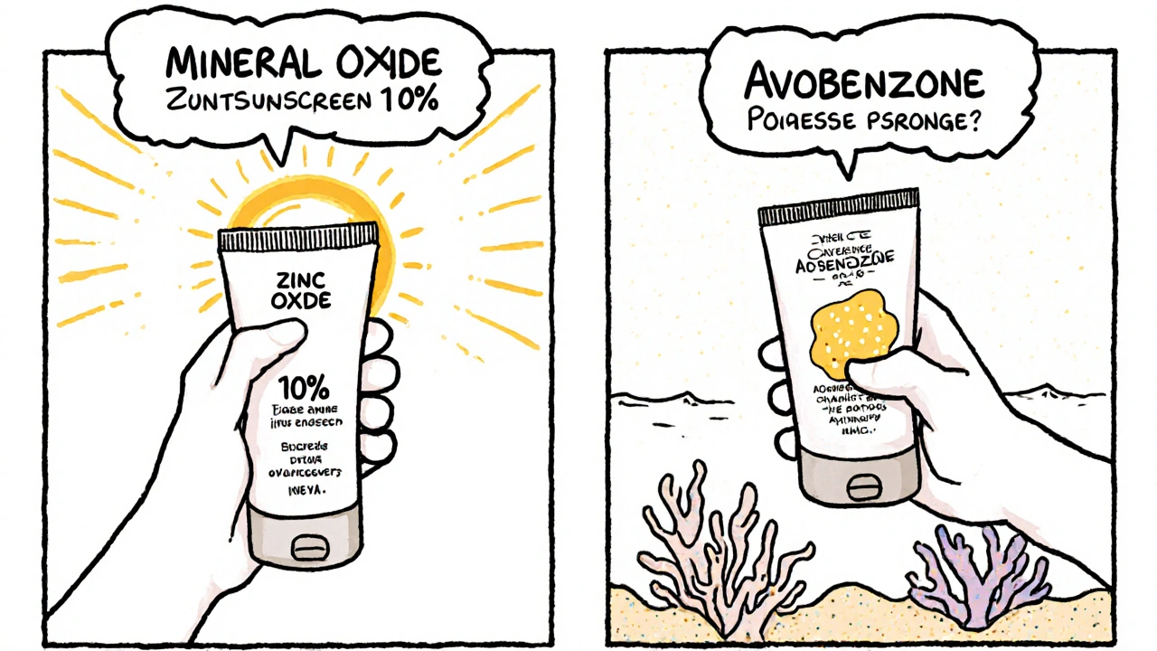 Side-by-side comparison of mineral and chemical sunscreens protecting skin while one harms coral reefs below.
