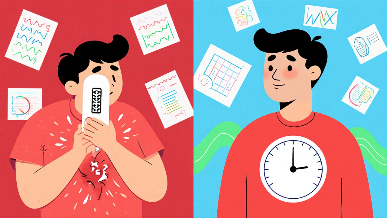 Split illustration showing a person with high TSH levels on one side and calm after dose adjustment on the other.