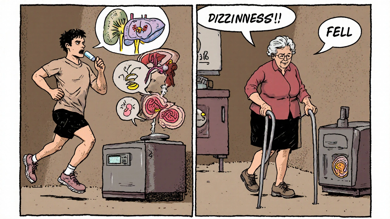 Split illustration: young person unaffected by pill vs. elderly person dizzy and falling, with organs and brain shown as malfunctioning machines.