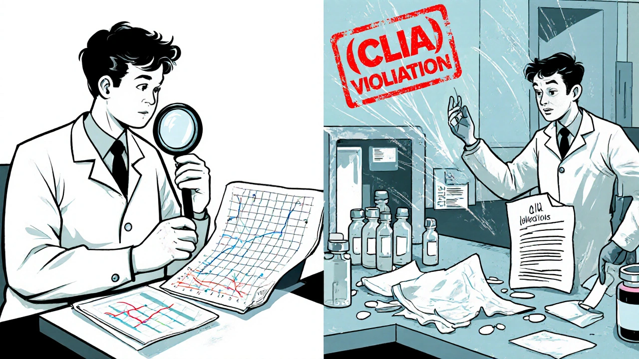 Split scene: meticulous lab verification on left, chaotic cut-corner testing on right with red violation stamp.