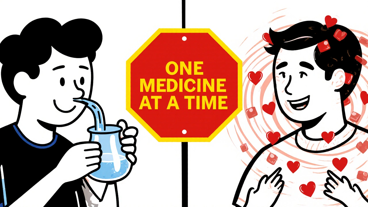 Split scene showing safe saline rinse vs. dangerous pill mix, with a giant stop sign in the middle.