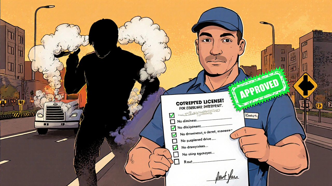 Trucker with approved medication plan standing beside his rig under a glowing green stamp.