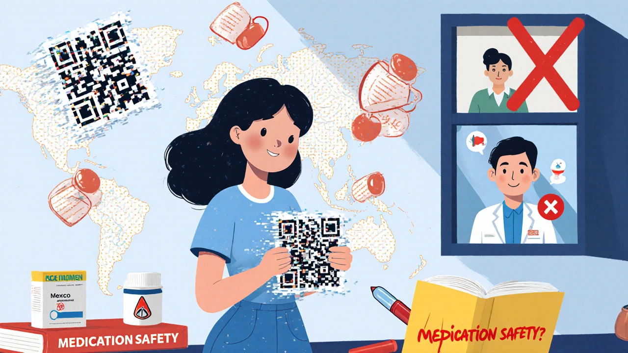 Woman returns home with unreadable digital prescriptions while her own safe meds sit nearby.