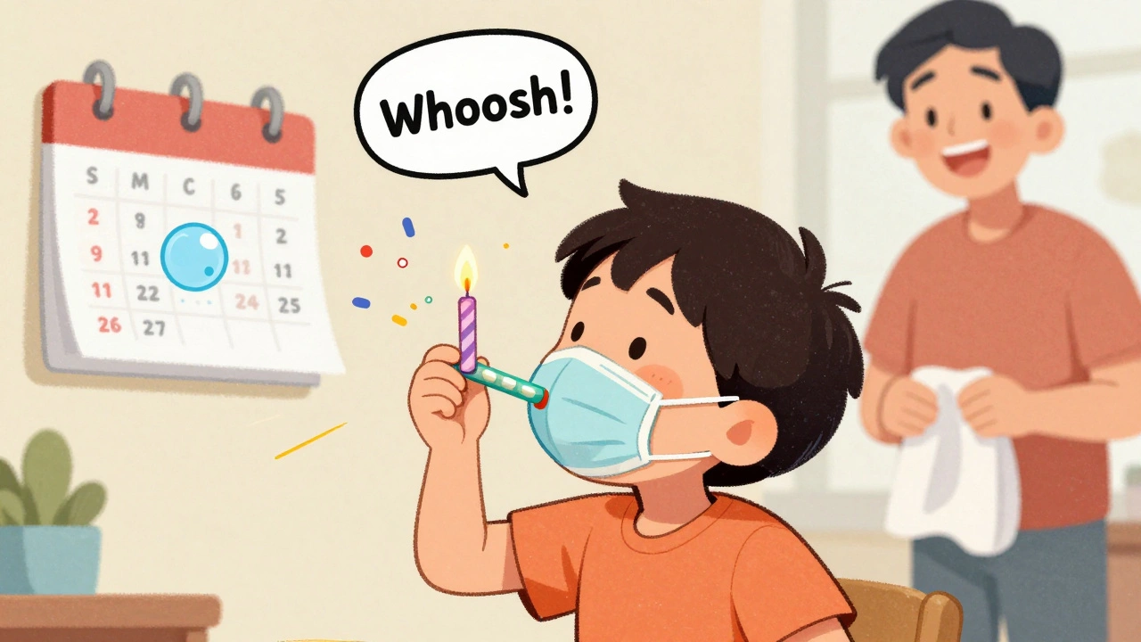 A child blowing out birthday candles while using a spacer, with medicine particles flowing into their lungs and a weekly wash reminder on the wall.