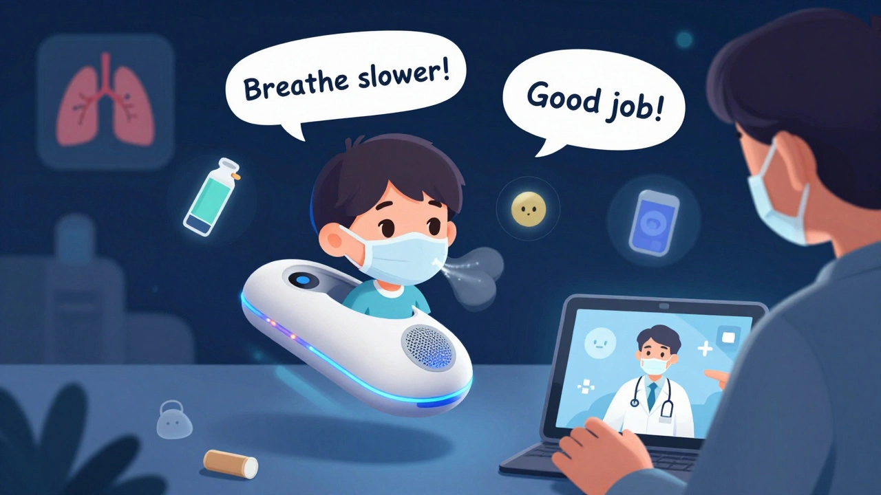 A child breathing through a smart spacer with voice feedback, a parent watching a video call with a doctor, medical icons as cute graphics in the background.