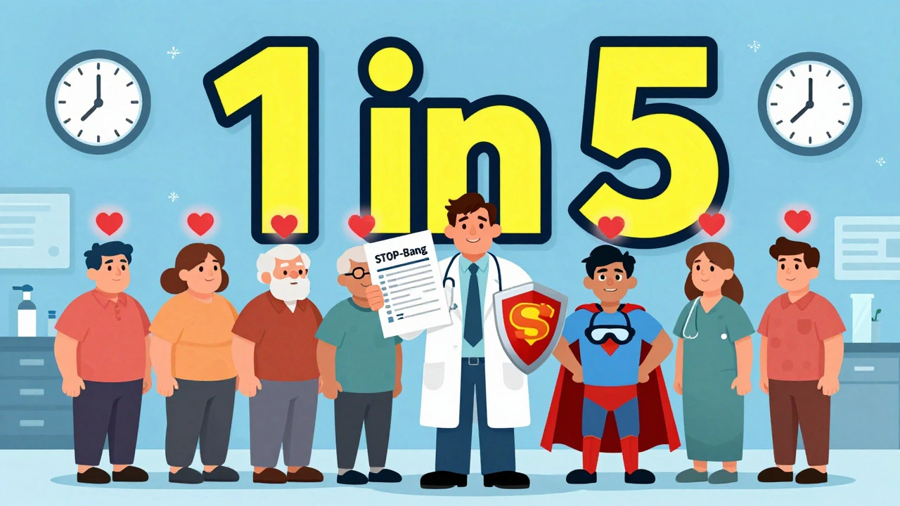 A doctor holding a STOP-Bang questionnaire as patients with glowing heart icons approach, CPAP masks visible, midnight clock in background.