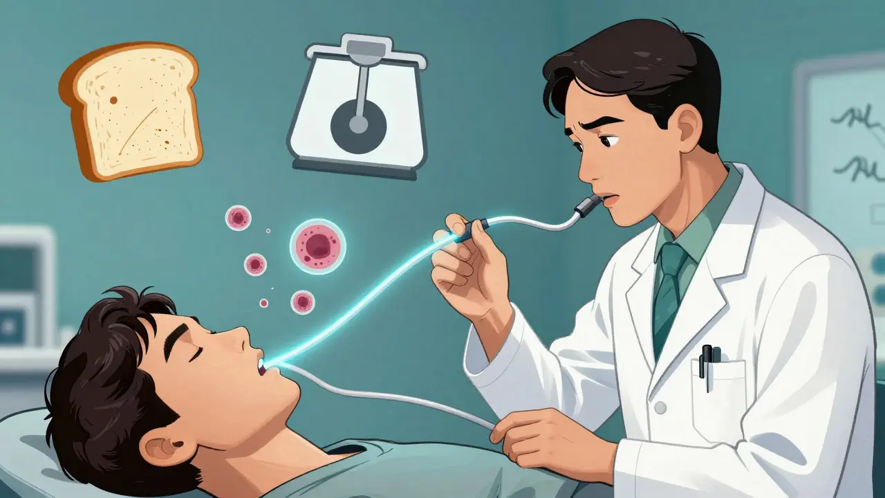 A doctor uses an endoscope to examine esophageal cell changes, with warning signs appearing above the scene.