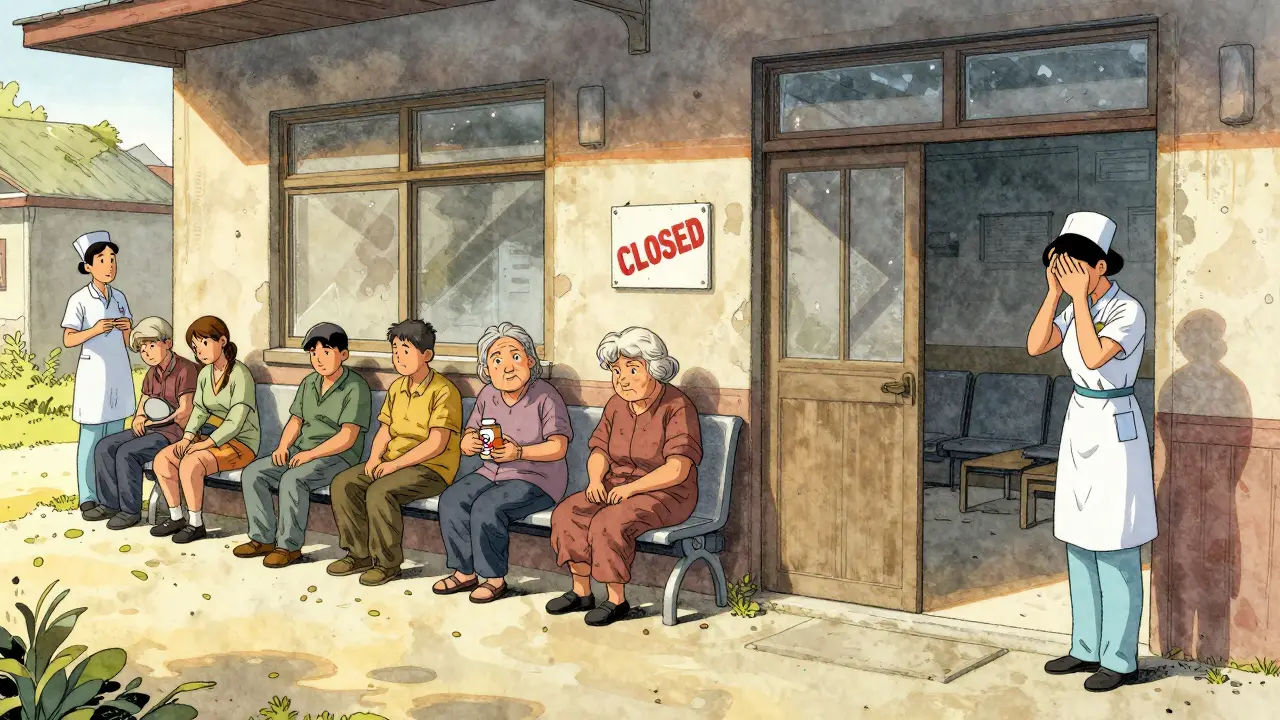 A lone nurse stands outside a closed rural clinic as patients wait in line under a golden sunset.