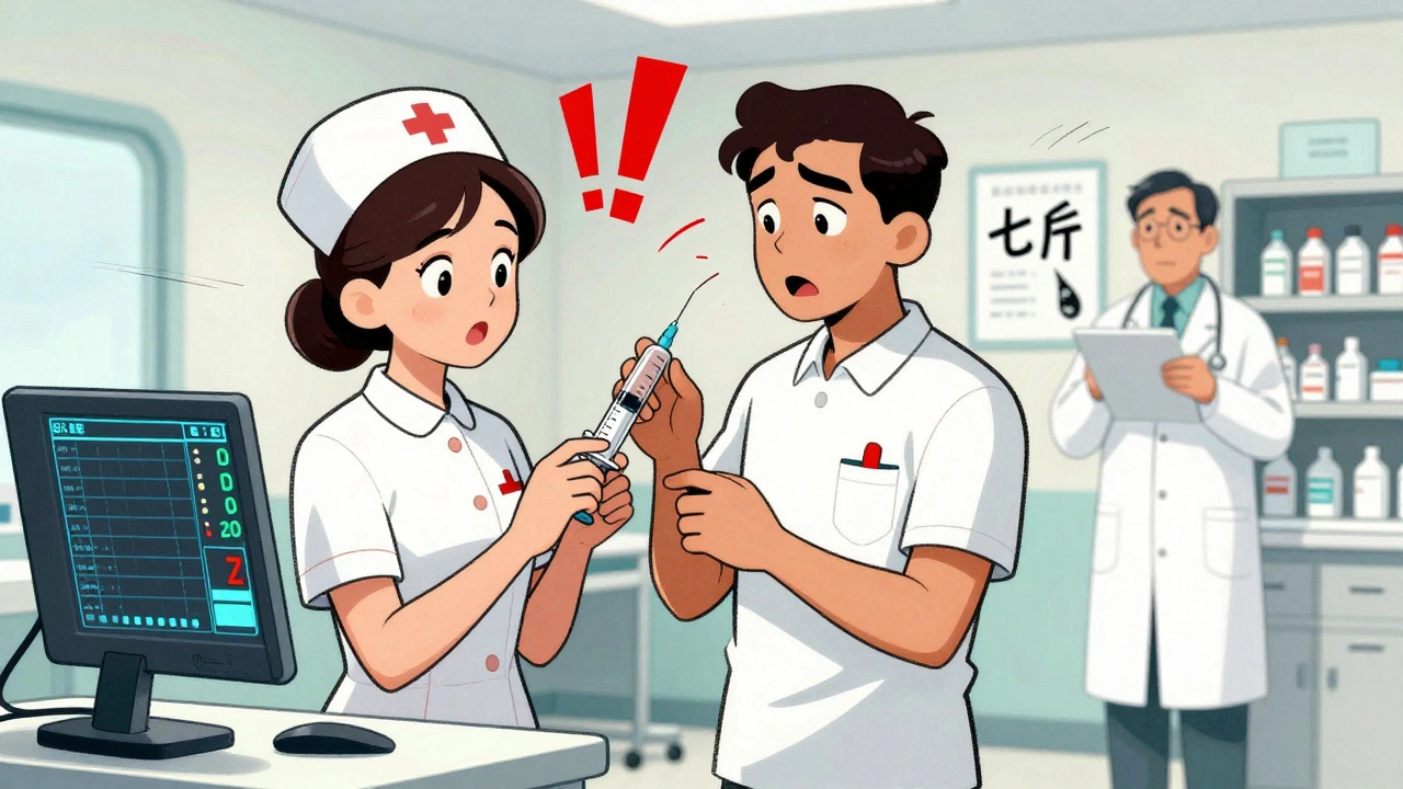 A nurse and pharmacist double-check a pediatric dose in a busy ER, with an electronic screen showing a calculated weight-based amount.