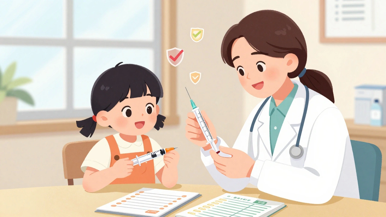 A parent and pediatrician practice giving medicine with a syringe, using a checklist, in a calm, hopeful clinic setting.
