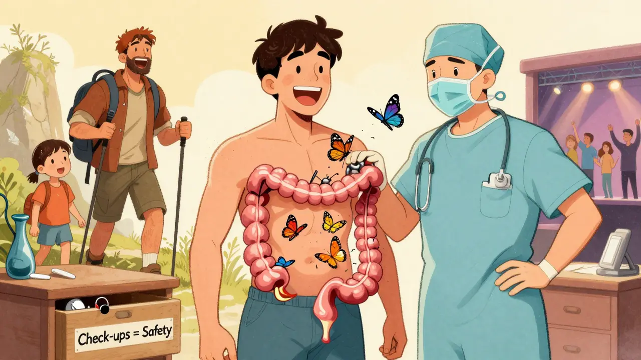 A patient celebrating freedom after colon removal, flying butterflies symbolizing life without flare-ups.