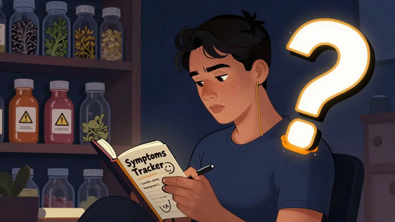 A person journaling symptoms with warning symbols for herbs and grapefruit juice looming overhead.