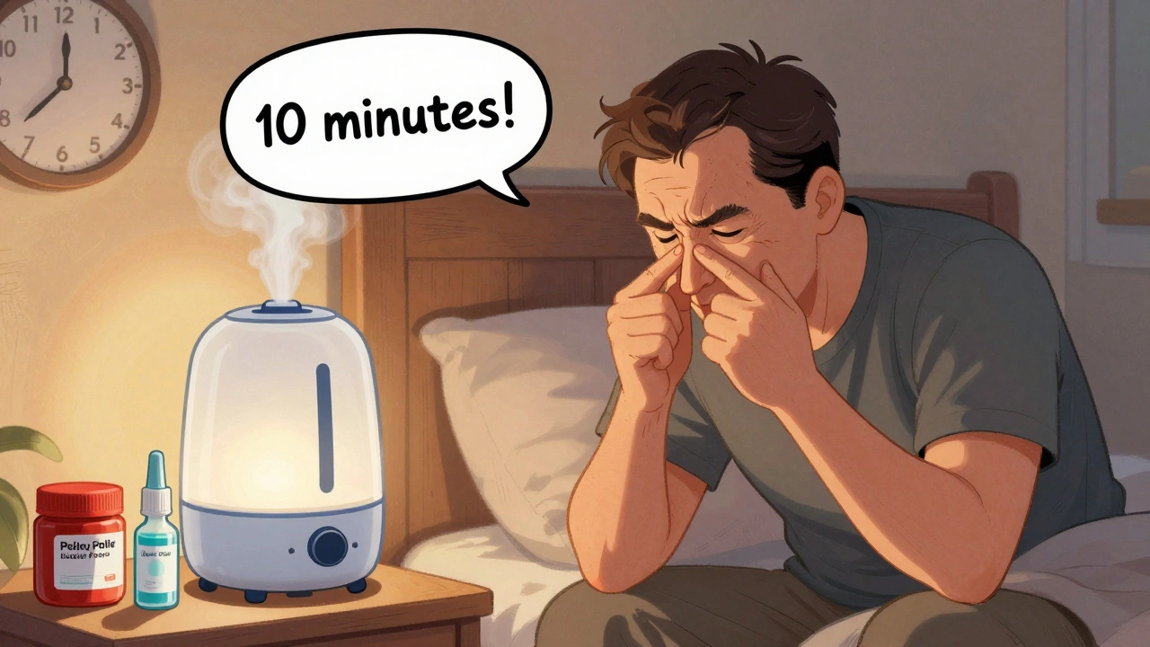 A person pinching their nose while leaning forward, with a humidifier and nasal gel nearby in a cozy bedroom setting.