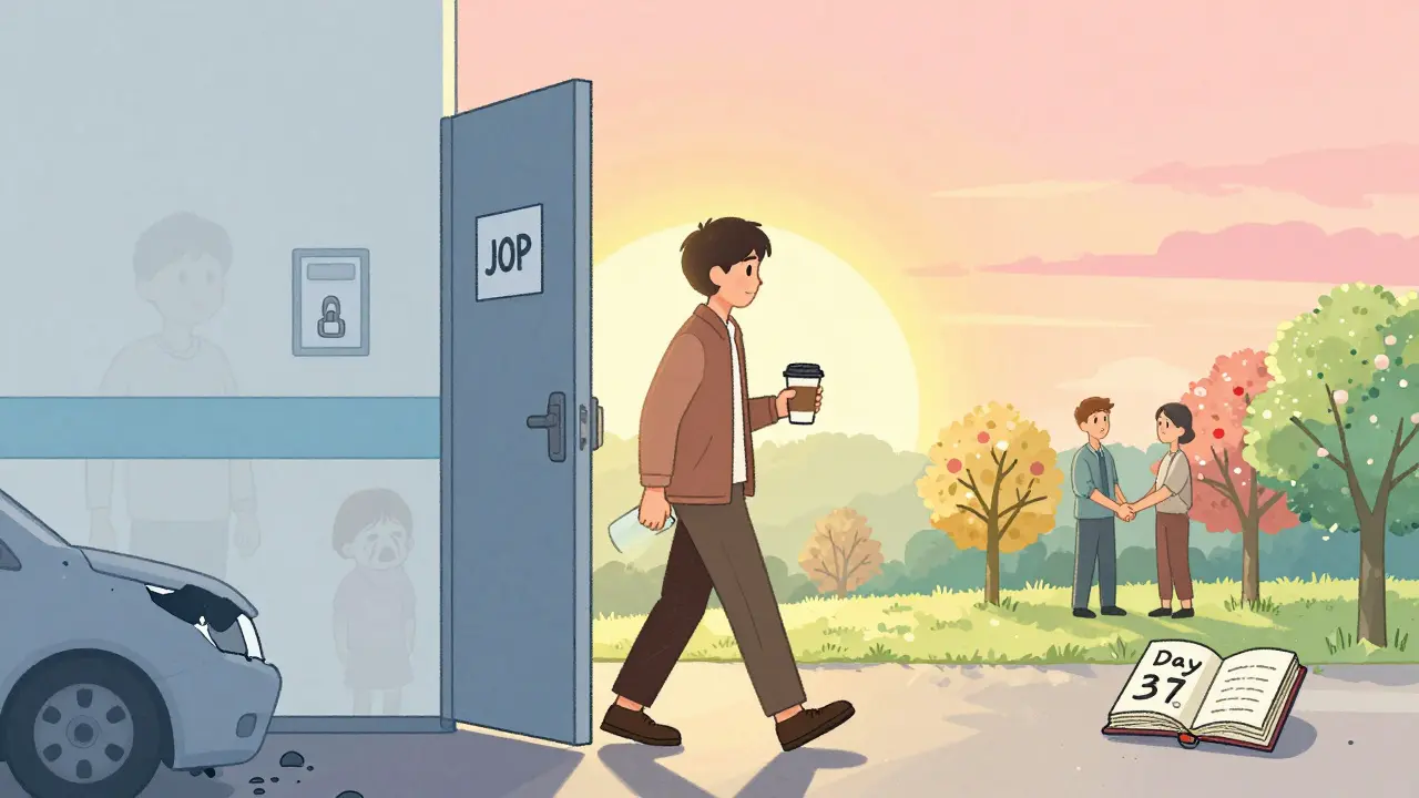 A person walking into sunlight after treatment, ghostly past struggles fading as new hope emerges.