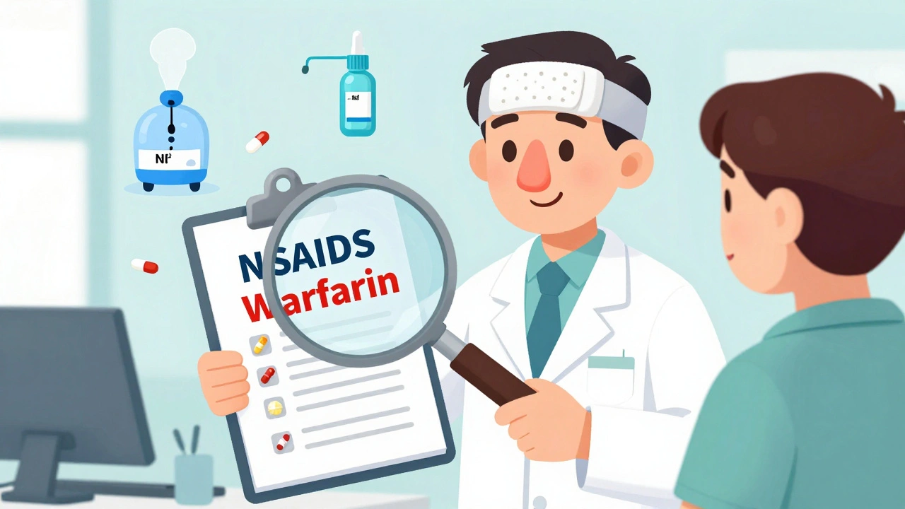 A pharmacist reviewing medications with a patient, surrounded by symbols of nosebleed prevention in a cartoon clinic scene.