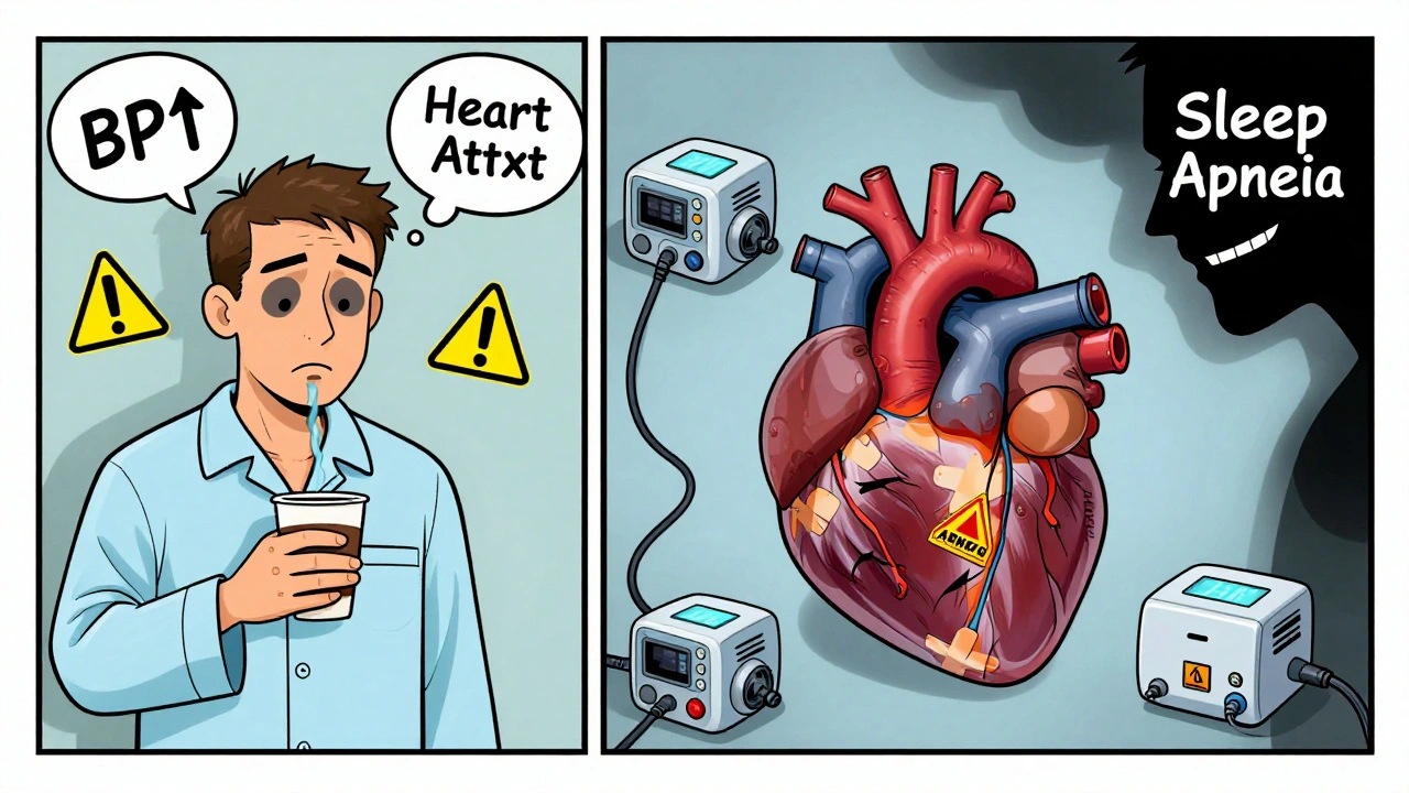 A tired man with snoring thought bubbles and a stressed heart labeled with warning signs, ignoring CPAP machines nearby.