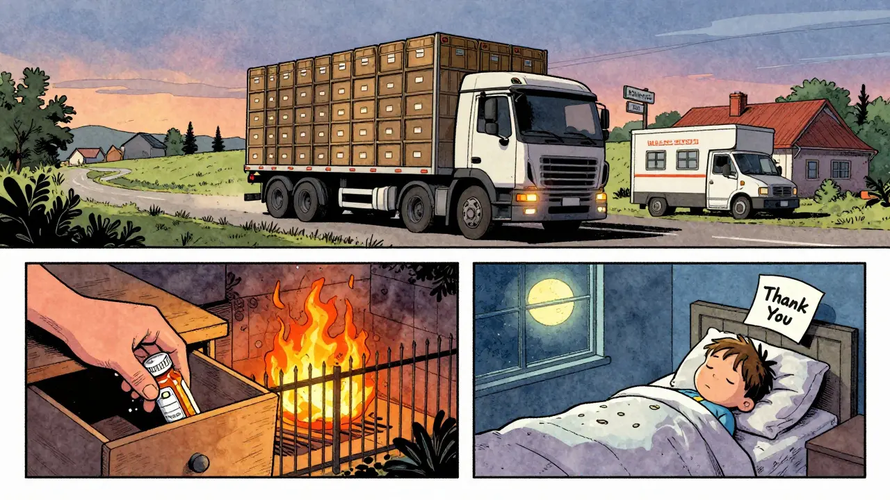 A truck transports collected meds to safe incineration while a child sleeps safely at home, symbolizing protection.