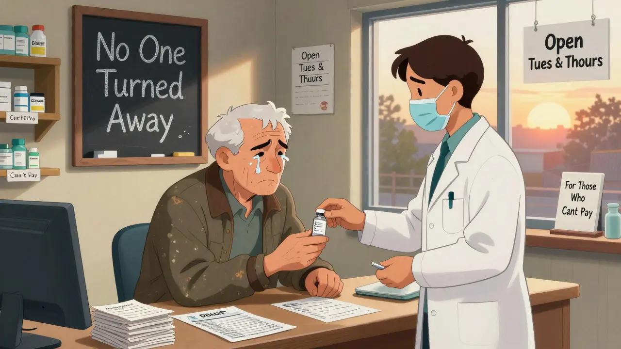 An elderly man receives insulin at a free clinic, surrounded by proof of income and handwritten medication lists.