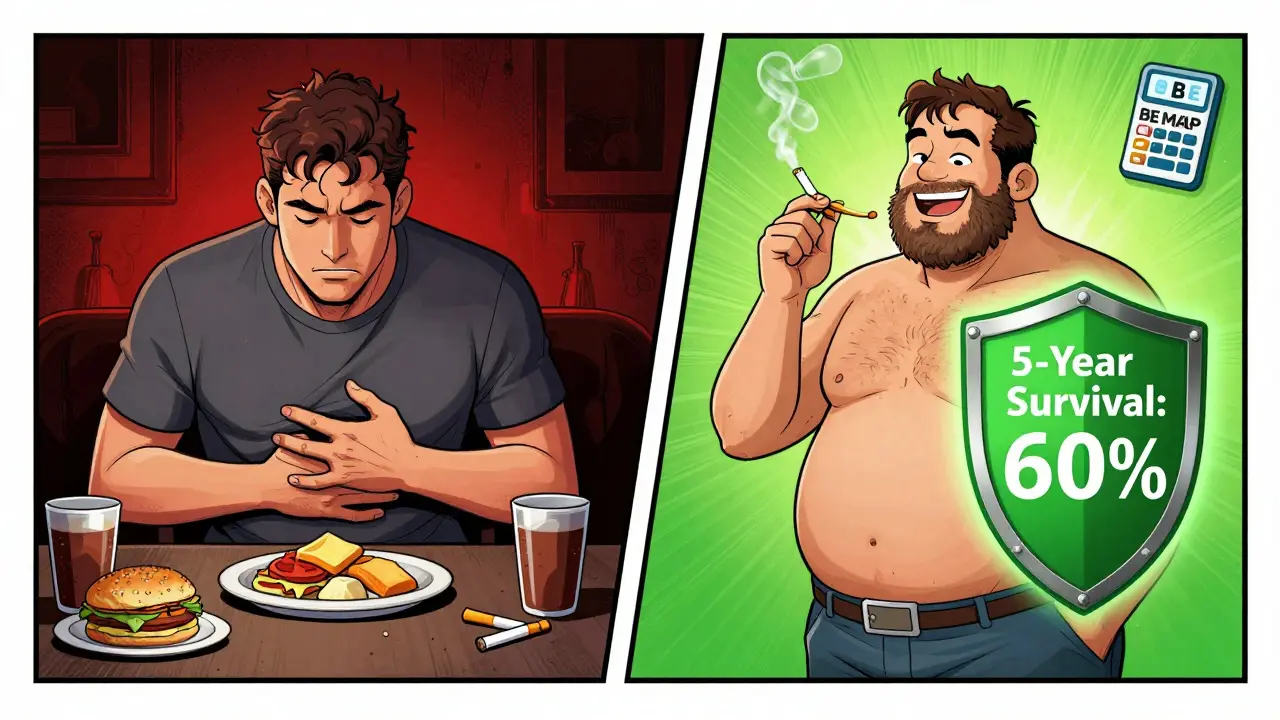 Before and after: a man transforms from ignoring GERD to taking action, with survival rate shield glowing brightly.