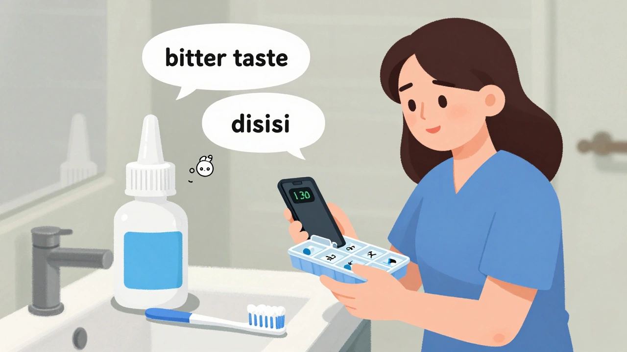 Caregiver using pill organizer and phone alarm, eye drop bottle next to toothbrush.