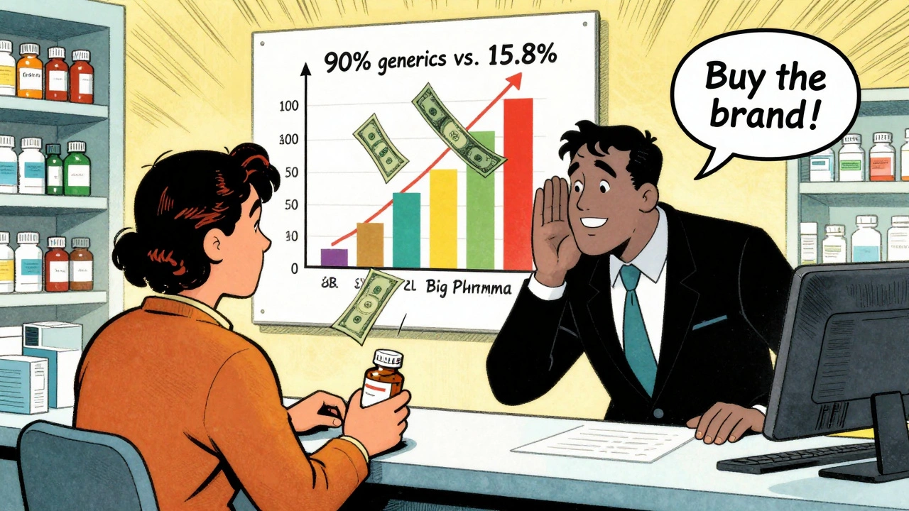 Customer chooses generic pill at pharmacy while Big Pharma tries to persuade them to buy the brand.