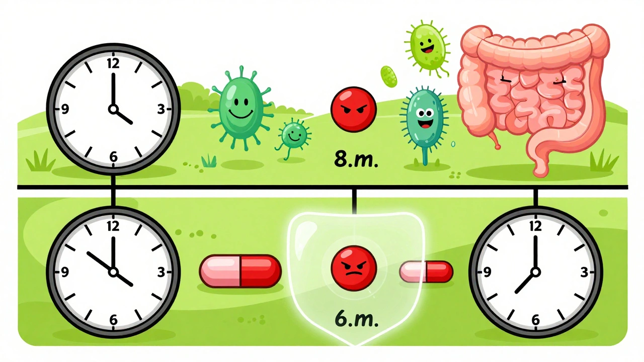 Daily schedule with clocks and pills, showing two-hour gap between antibiotics and probiotics in a vibrant comic timeline.