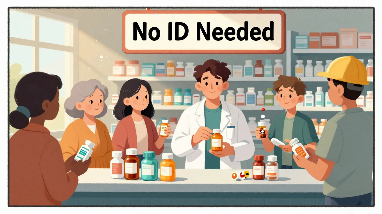 Diverse community members hand sealed medications to a pharmacist at a pharmacy drop-off, no ID required.